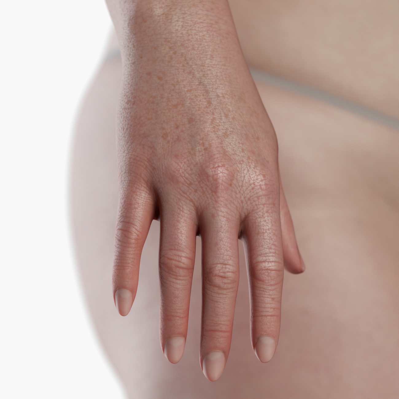 Detailed hand scan render of a fuller-figured female 3D model showing knuckle and skin surface geometry